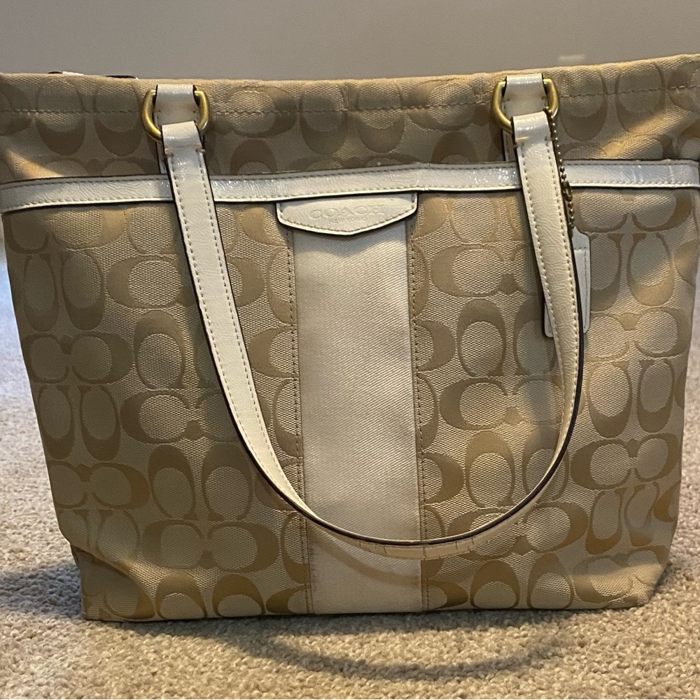 Coach Beige Signature Canvas Shoulder Bag with Cream Trim